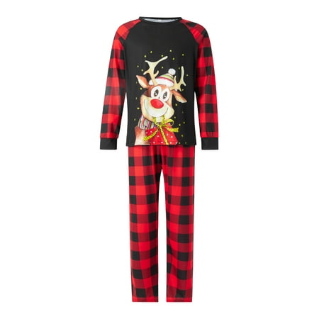 

Gureui Family Matching Christmas Pajamas Sets Baby Romper/Elk Print Long Sleeve Tops + Elastic Waist Plaid Pants Loungewear Suit for Christmas Festivities