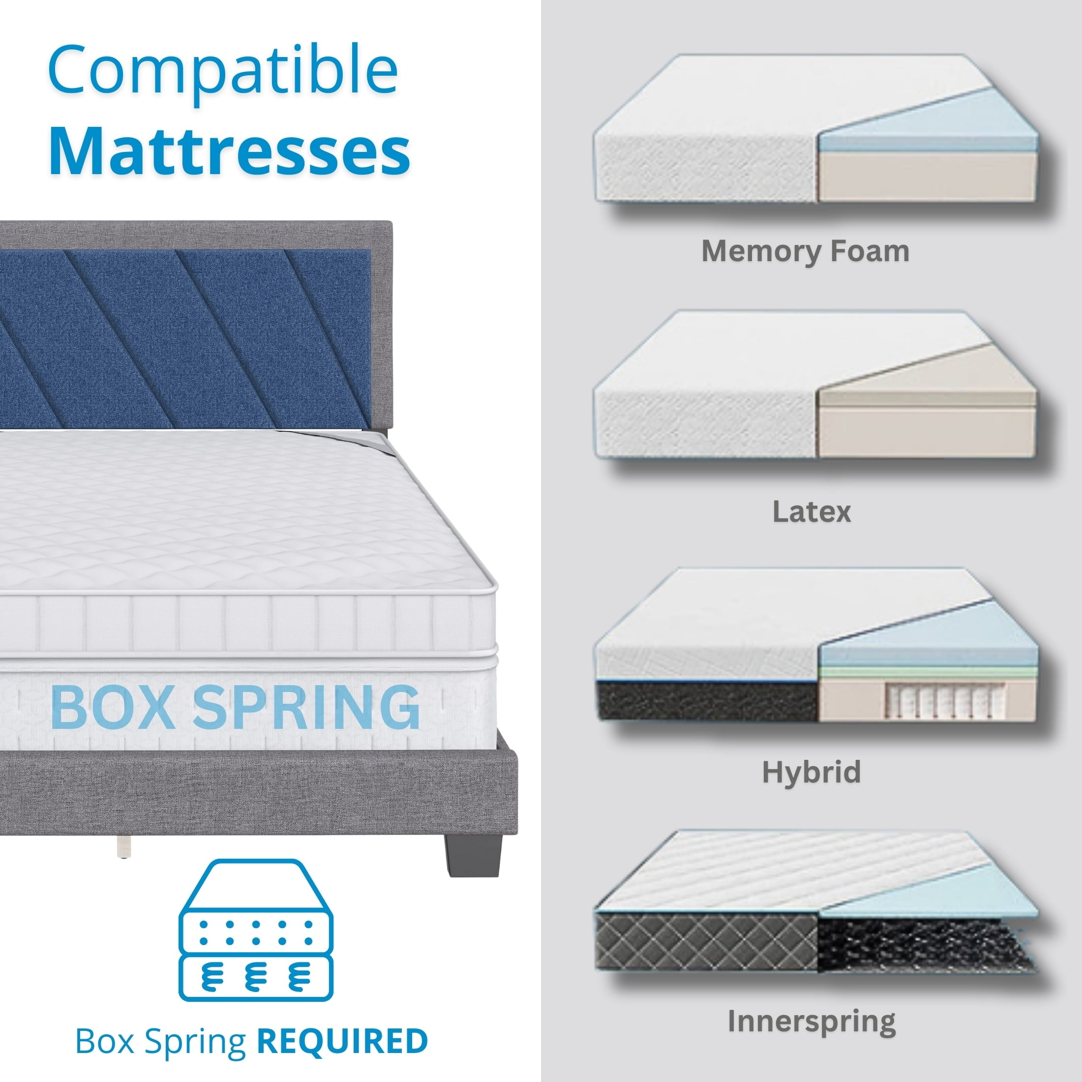Boyd Sleep Diagonal Blue/Gray Linen Queen Size Fully Upholstered Platform Bed Frame with Adjustable Headboard, Qualified Box Spring or Foundation Required for Use