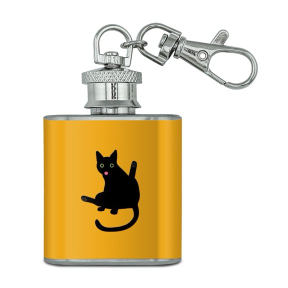 Black Cat Lifting Leg and Licking Stainless Steel 1oz Mini Flask Key Chain