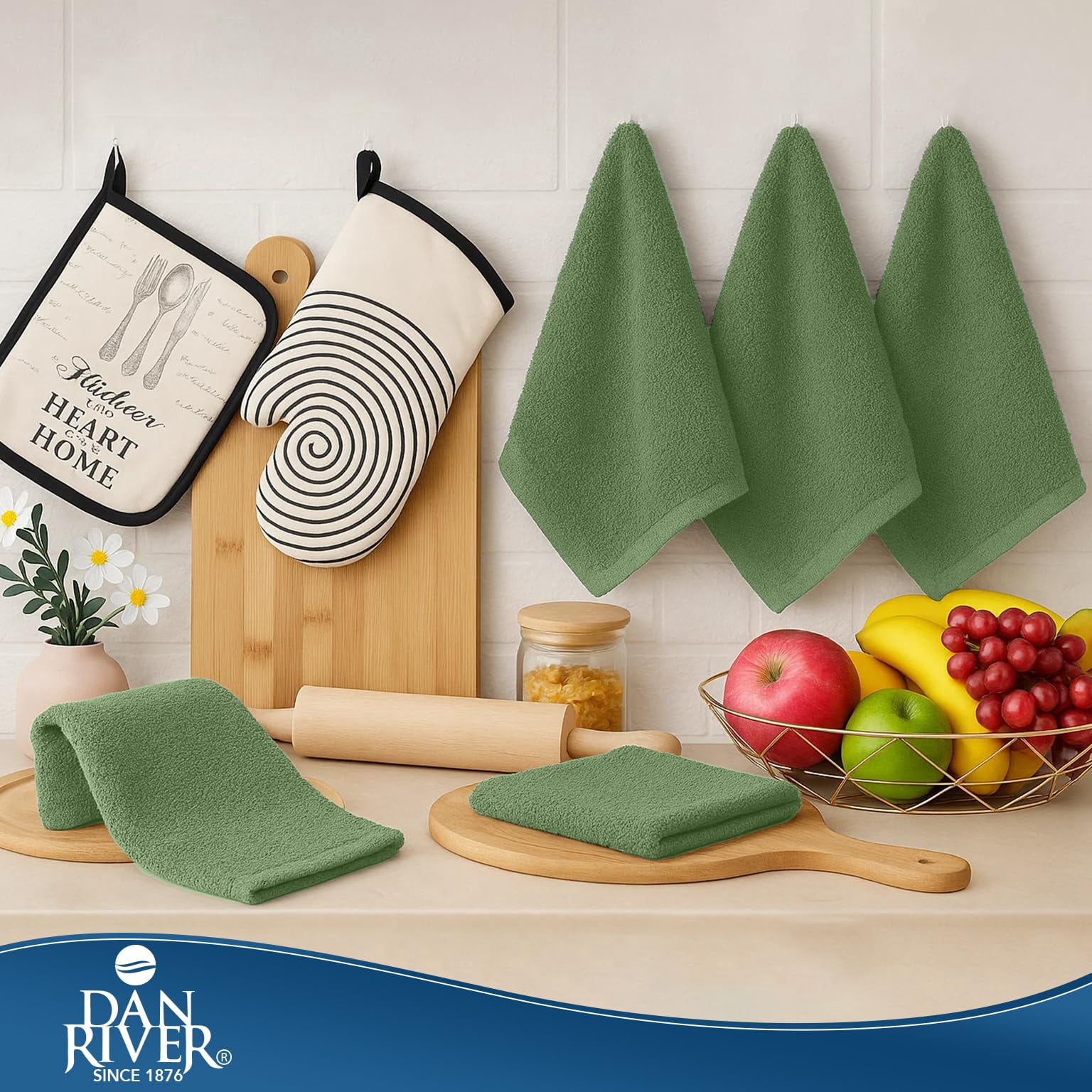Dan River Cotton Absorbent Reusable Cleaning Bar Mop Kitchen Towels, Pack of 12, Green, 16x19 In