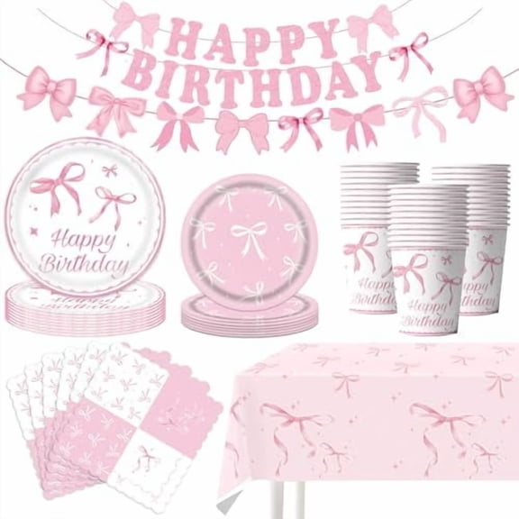 99PCS Pink Bow Birthday Decorations Supplies,Bow Themed Party Decorations Include Bow Plates Napkins Cups Banner Tablecloth Tableware for Girl Women Pink Birthday Bachelorette Decoration,Serve 24