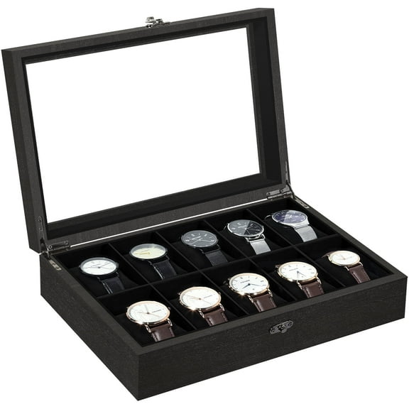 Uten 10-Slot Wooden Watch Box with Large Glass Top & Removable Pillows, Luxury Display Case and Storage Organizer, Black
