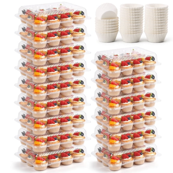 15 Pack Cupcake Containers with 200 Cupcake Liners, Disposable Cupcakes Containers with Detachable Tall Lid, Plastic Cupcake Boxes Holders for Baking, Parties, Wedding,Gifting