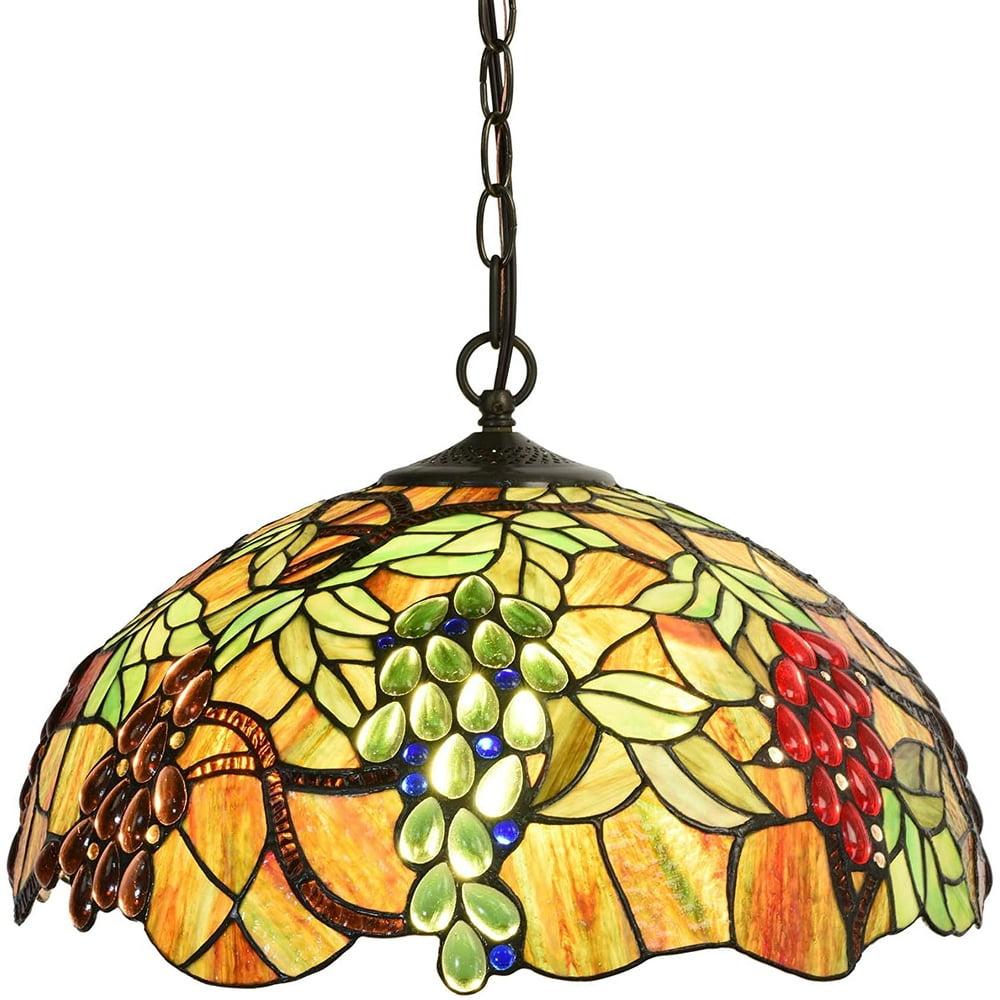 Bieye L10762 Grape Tiffany Style Stained Glass Ceiling Pendant Light with 18 inches Wide Shade