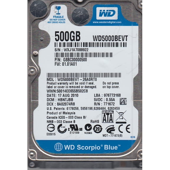 WD5000BEVT-26A0RT0, DCM HBNTJBB, Western Digital 500GB SATA 2.5 Hard Drive