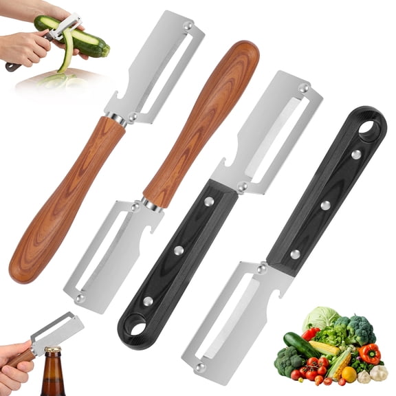 4-Pack 2-in-1 Vegetable Peeler with Bottle Opener, Stainless Steel Blade & Ergonomic Imitation Wood Handle, Multipurpose Kitchen Tool for Potatoes, Carrots, Fruits