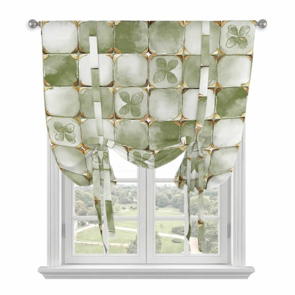 Tie Up Curtains for Windows Light Green Floral Leaves Valance Adjustable Balloon Curtain Ethnic Style Lattice Tie Up Shades for Kitchen Living Room Bedroom Privacy Curtain Drape 34x45 Inch