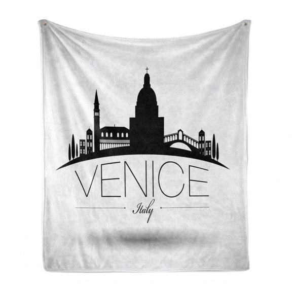 Venice Soft Flannel Fleece Throw Blanket, Modern Illustration of a Monochrome Style Italian Skyline, Cozy Plush for Indoor and Outdoor Use, 70" x 90", Pale Grey Charcoal Grey, by Ambesonne