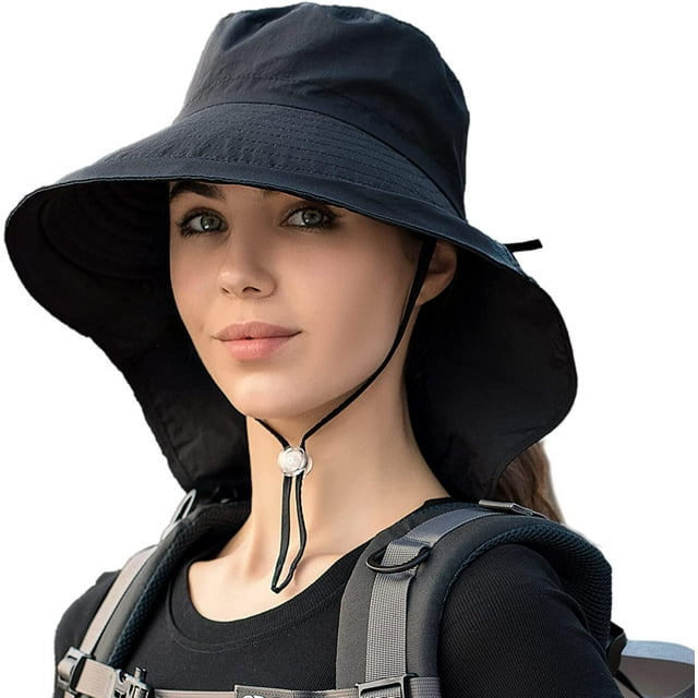 Chapeaux de Soleil pour Femmes Protection UV Pliables à Grand Bord Trou pour Queue de Cheval Été Chapeaux de Plage pour Hommes avec Rabat de Nuque