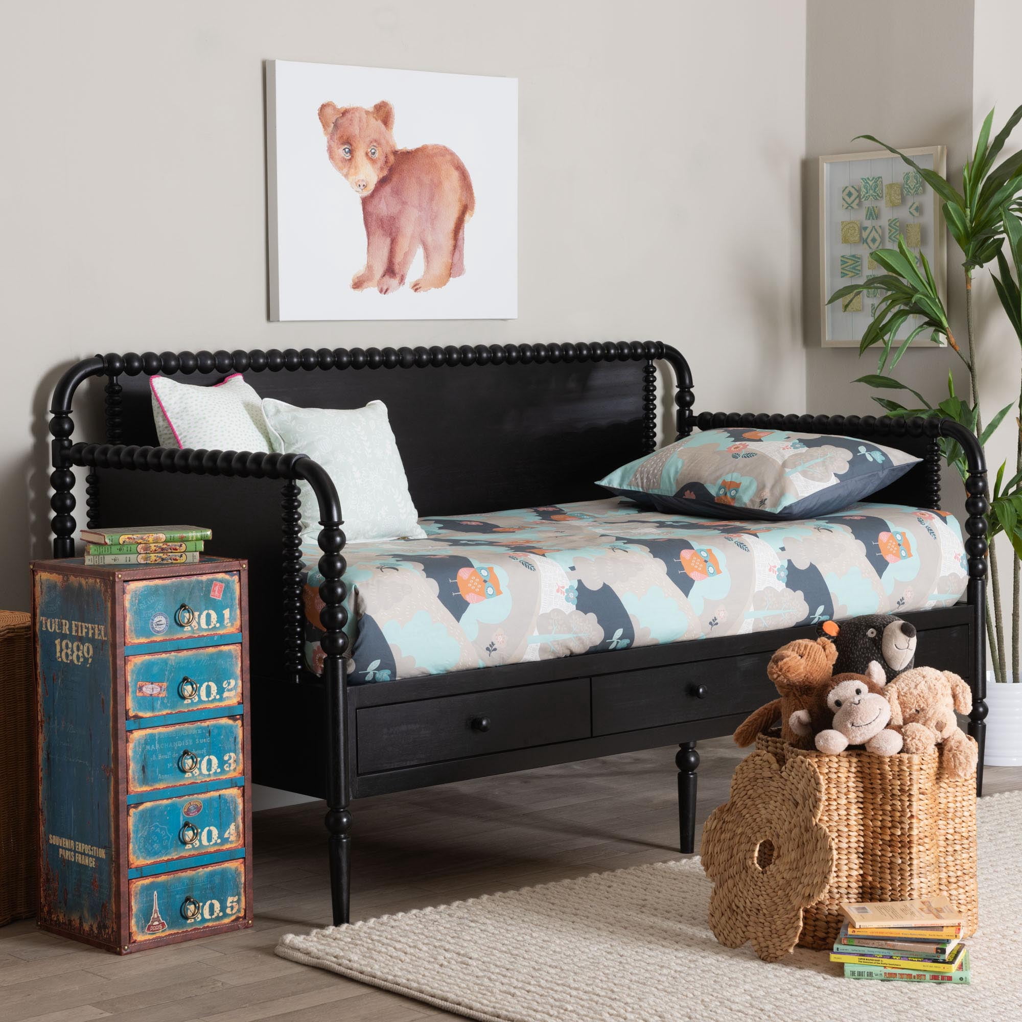 Baxton Studio Lucera Mid-Century Daybed, 3-Drawer, Full, Black