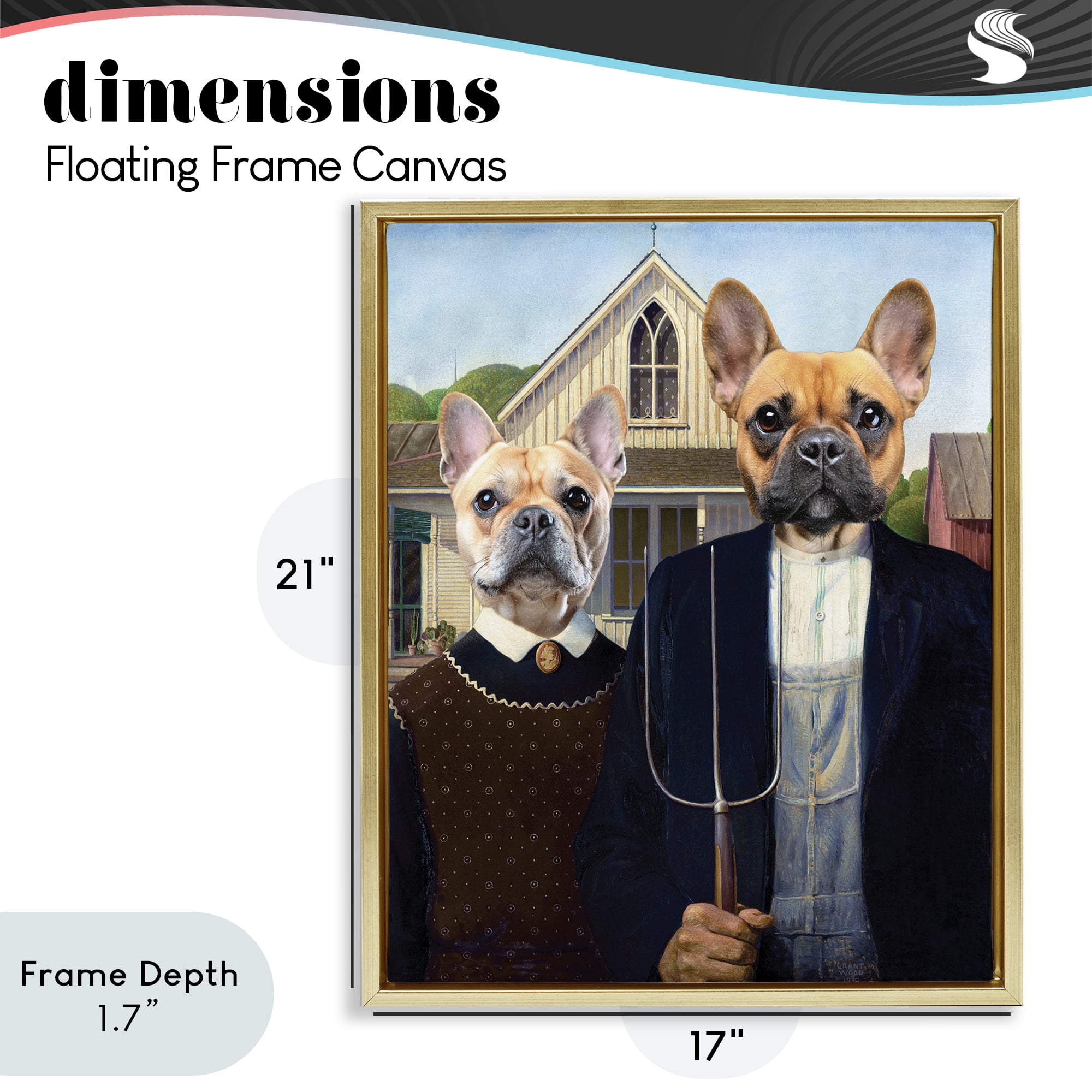 Stupell Industries French Bulldogs Iconic Farmers Gold Framed Floater Canvas Wall Art, design by Grotto Studios