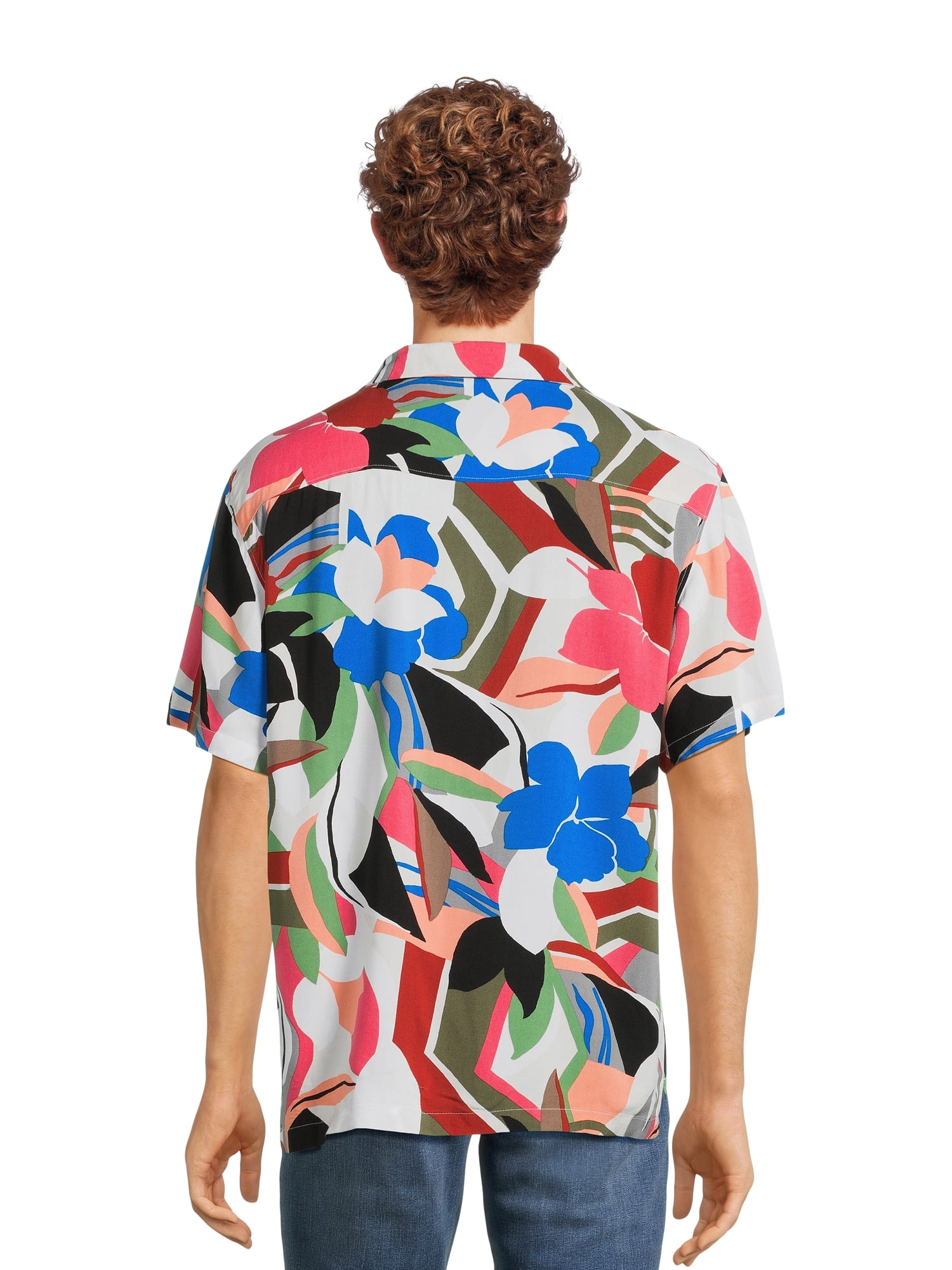 No Boundaries Men's Print Button Up Shirt with Short Sleeves, Sizes XS-3XL