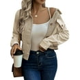 thumbnail image 3 of Flannels for Women Cropped Shacket Jacket Fashion Plaid Button Down Shirt Fall Coat Tops Khaki M, 3 of 9