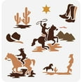 thumbnail image 1 of Plantilla con temática del Viejo Oeste, 11.8x11.8 pulgadas, con vaqueros a caballo. Plantillas de plástico con estampado de cactus, botas y sombreros. Plantillas reutilizables., 1 of 7
