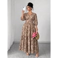 thumbnail image 5 of Coffee Brown Floral Print V-Neck Maxi Dress With Tiered Skirt, Side Slit And 3/4 Sleeves For Women, 5 of 7
