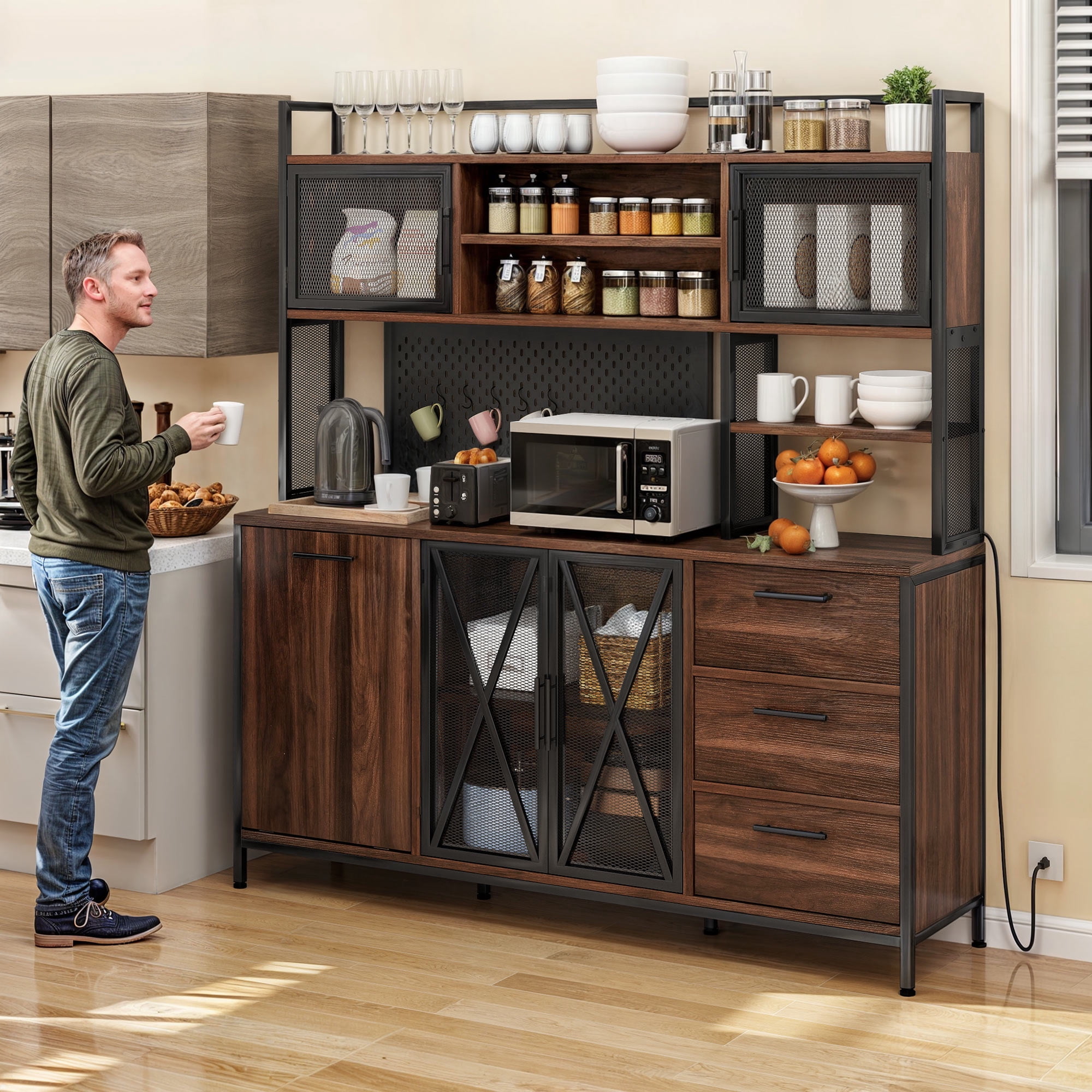 Uforic Pantry Cabinet with Power Outlets, Kitchen Buffet Hutch with Drawers and Storage Shelves, Brown