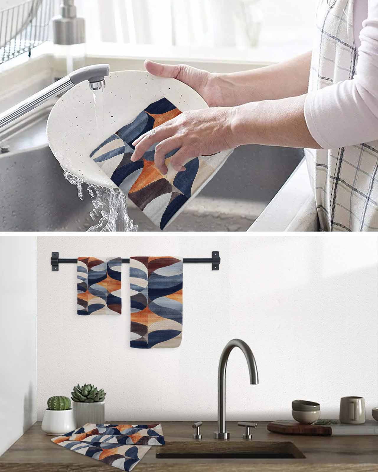 Navy Blue Burnt Orange Hand Towels Set, Waffle Weave Kitchen Towels 4 Pieces, Retro Geometric Abstract Microfiber Hair Face Bath Tea Towel Absorbent Quick Drying Cleaning Dish Cloths, 15.7"x23.6"