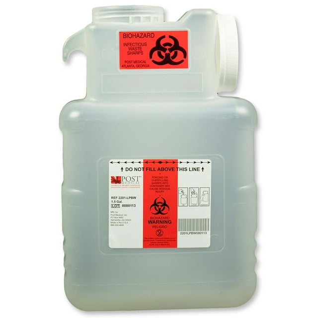 Post Medical 1.5 Gallon Clear Sharps Containers - Case of 22 - Puncture Resistant Biohazard Containers with Secure Locking Lid and Lid Holder - Vertical Syringe Drop Method