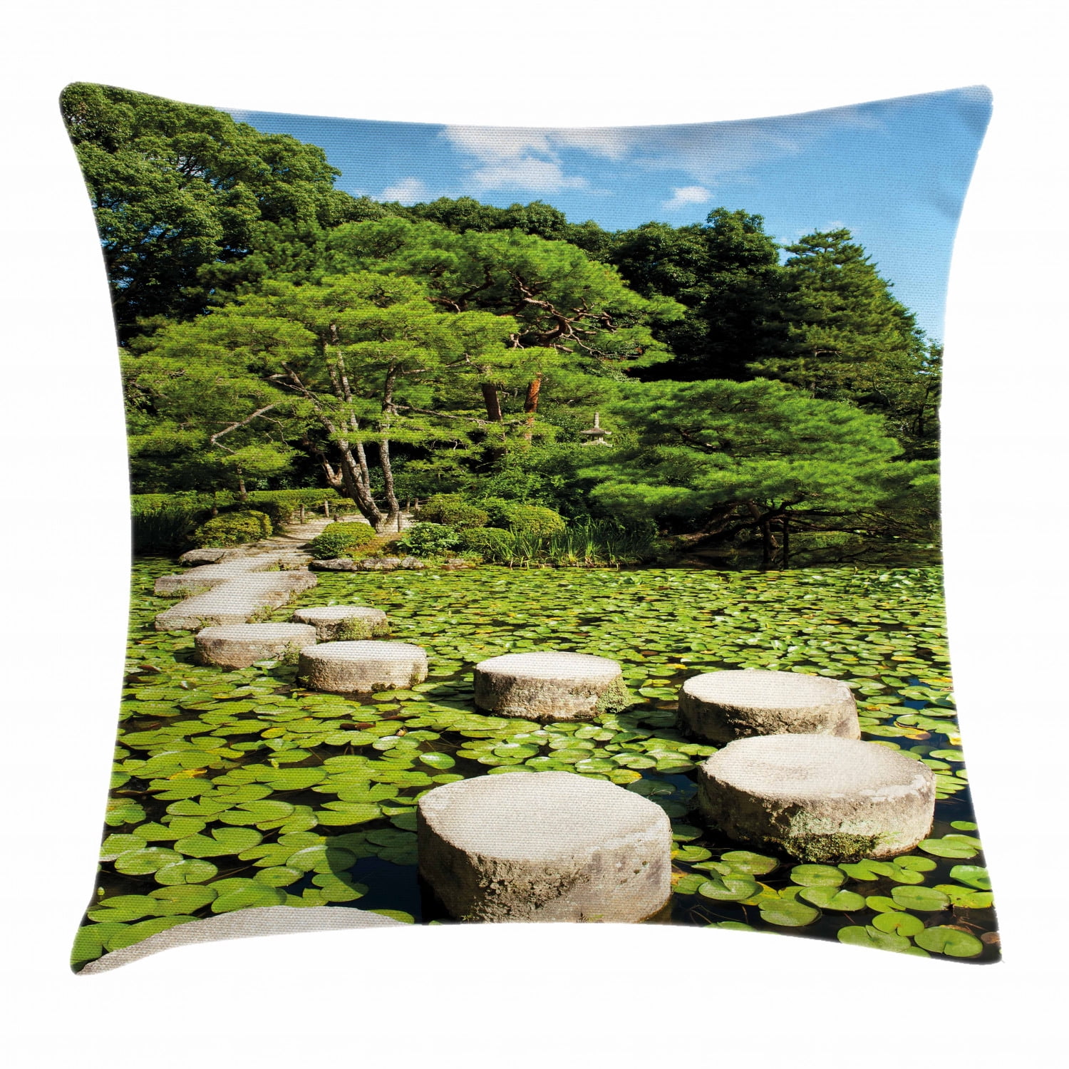 Zen Throw Pillow Cushion Cover, Stone Path in Japanese Garden Lake with