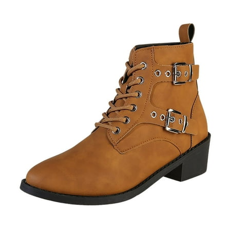 

PMUYBHF Ladies Autumn And Winter New Solid Color Heel Large Belt Buckle Low Barrel Short Boots 37.98