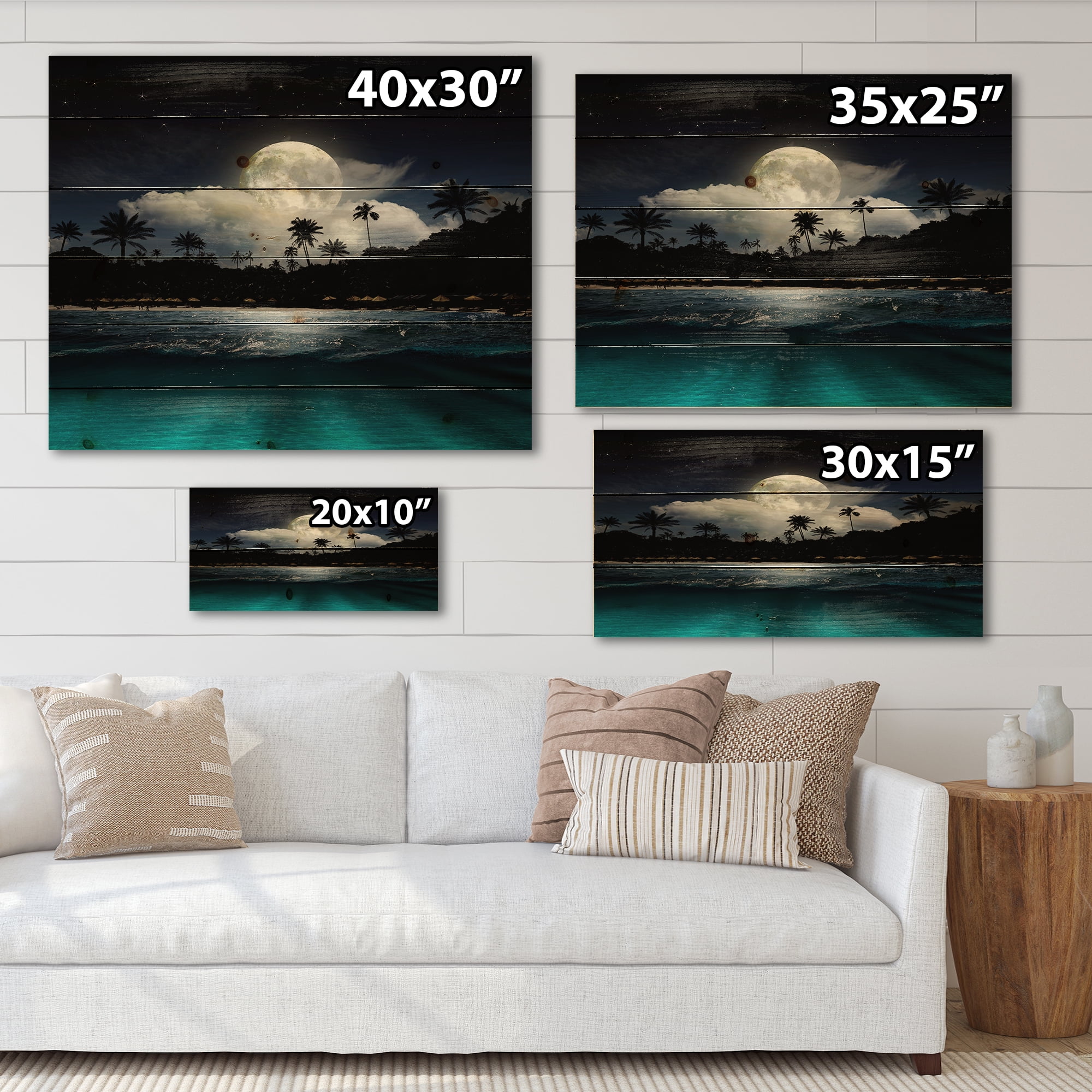 Designart 'Green Beach Under Tropical Full Moon' Modern Print on Natural Pine Wood
