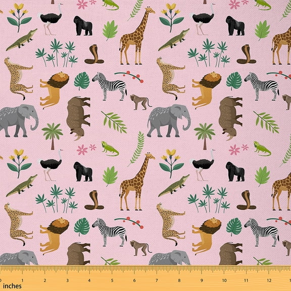 Homewish Cartoon Wildlife Kids Fabric by the Yard 1 Yard, Rustic Giraffe Animal Room Decor Fabric by the Yard, Flower Leaf Plant Sewing Fabric, Microfiber Bedroom Decor