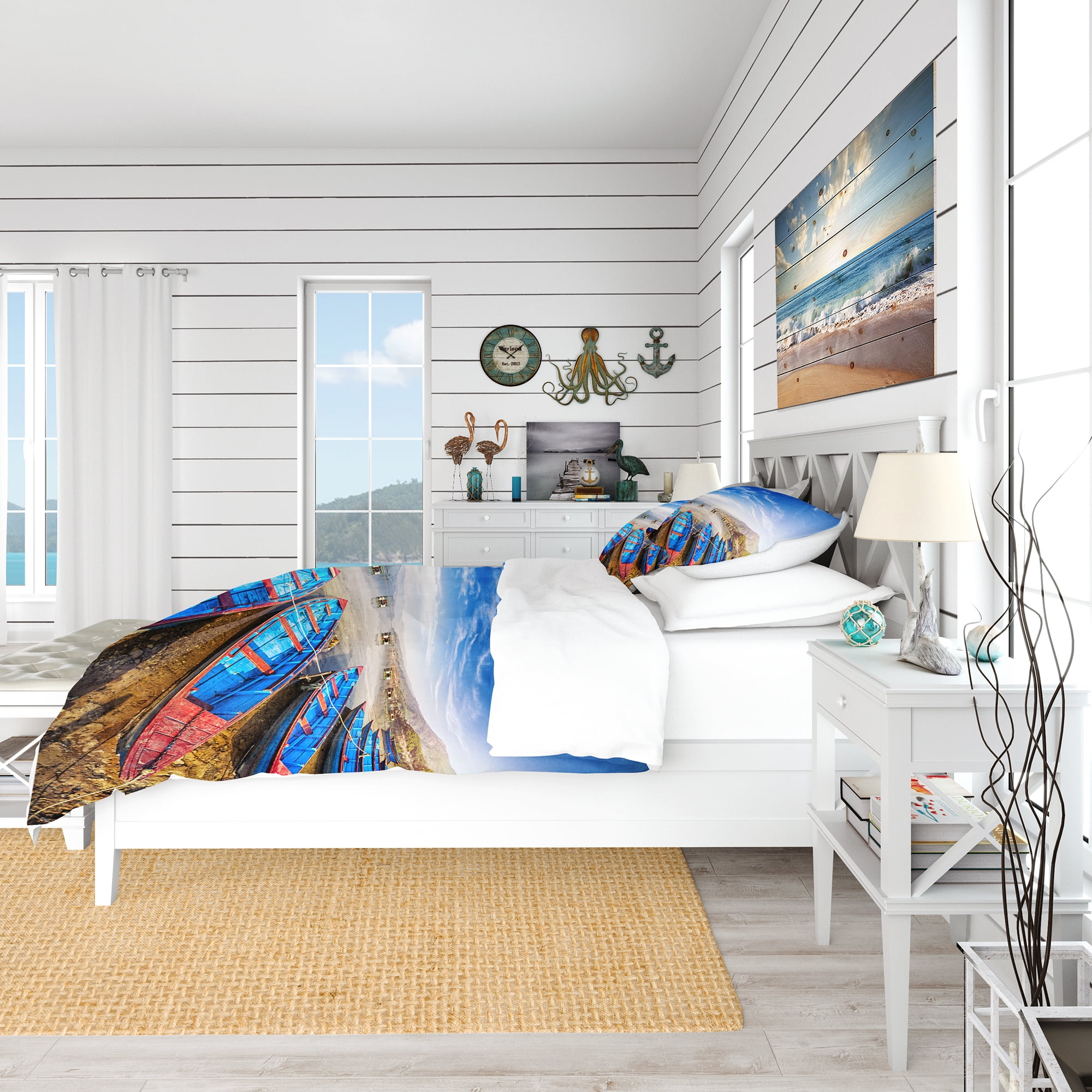 Designart 'Blue Boats Under Blue Sky' Coastal Duvet Cover Set