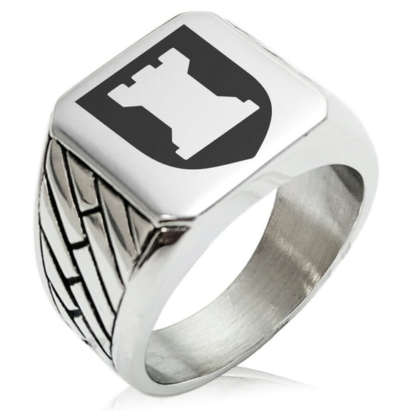 Stainless Steel Rook Strategy Coat of Arms Shield Geometric Pattern Biker Style Polished Ring