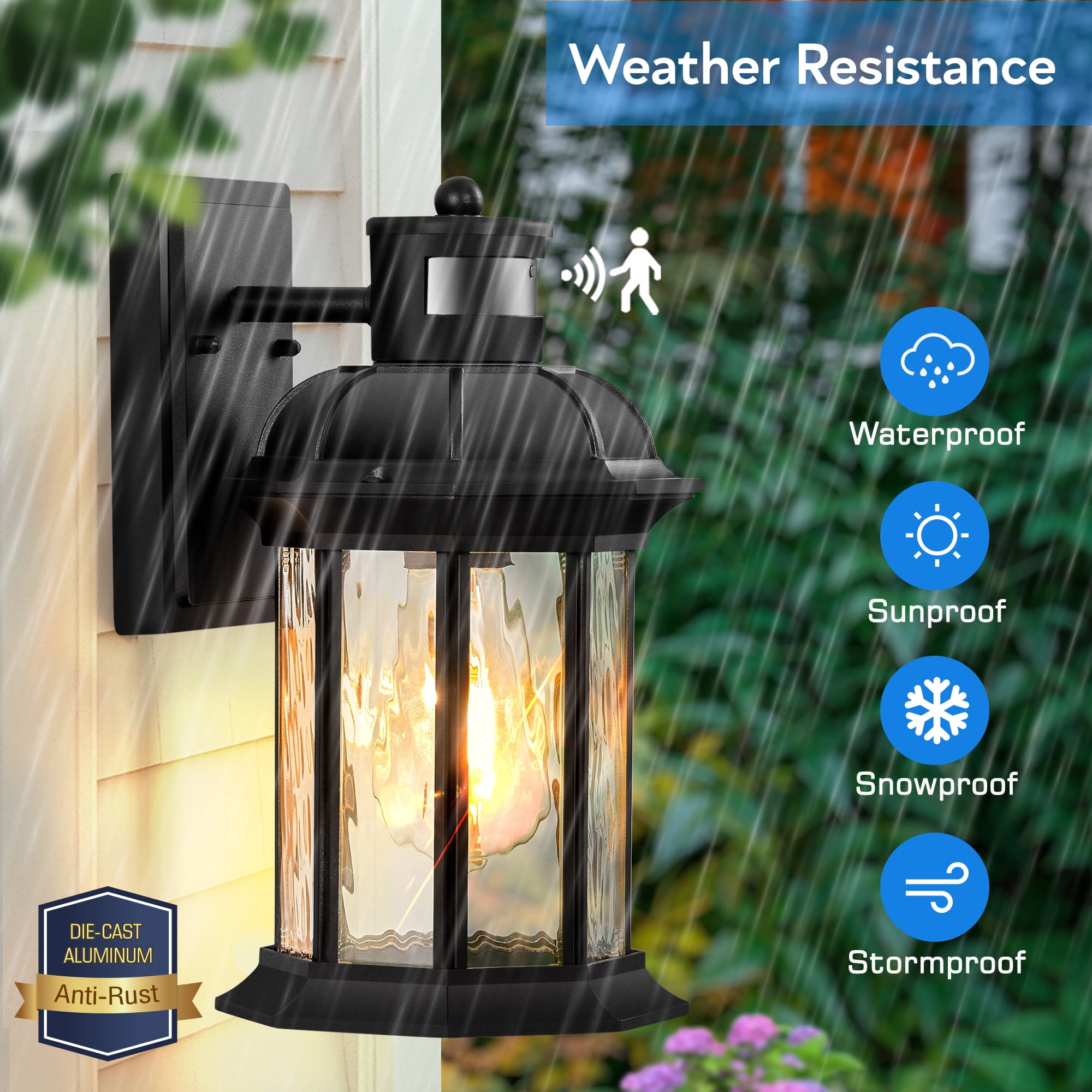 VIANIS Dusk to Dawn Motion Sensor Outdoor Porch Lights, Modern Black Exterior Light Fixtures Wall Mount, Anti-Rust Aluminum outdoor light coach With Tempered Ripple Glass For Garage