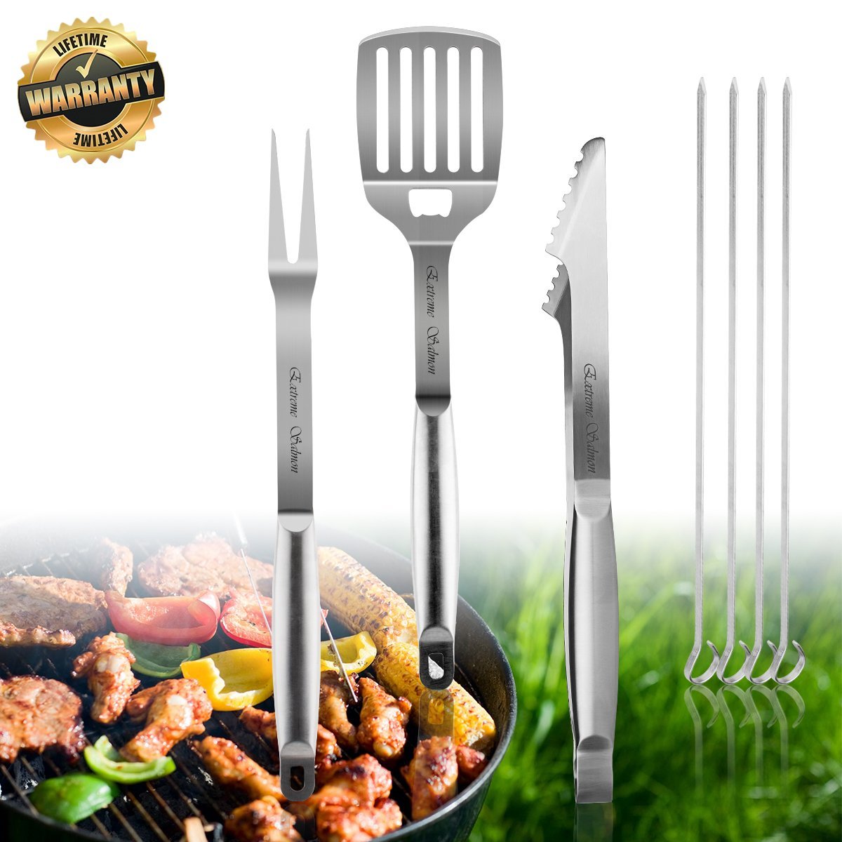 Grill Accessories, BBQ Tool Sets 7 PCS Grill Set Stainless Steel Grilling Utensils Heavy Duty Grill Tool Sets for Barbecue,Spatula,Tongs,Fork and 4 Skewers, Best Outdoor Grill Kit for Dad or Husband - image 1 of 7