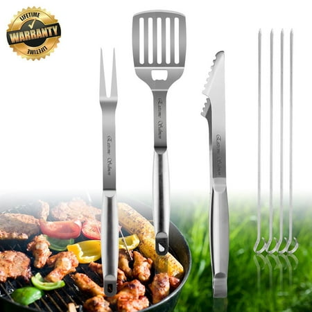 Grill Accessories, BBQ Tool Sets 7 PCS Grill Set Stainless Steel Grilling Utensils Heavy Duty Grill Tool Sets for Barbecue,Spatula,Tongs,Fork and 4 Skewers, Best Outdoor Grill Kit for Dad or