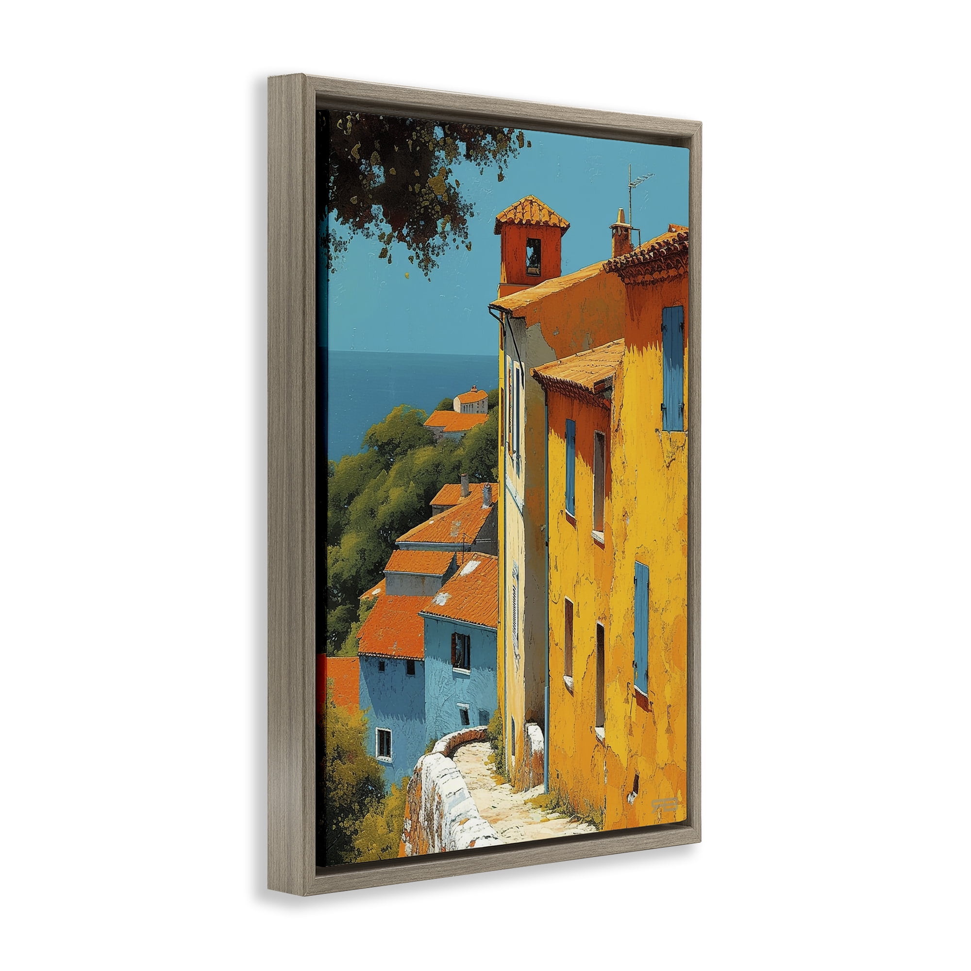 Stupell Industries Tall Buildings by Sea Buildings & Architecture Painting Brown Floater Framed Canvas Art Print Wall Art, 17 x 25