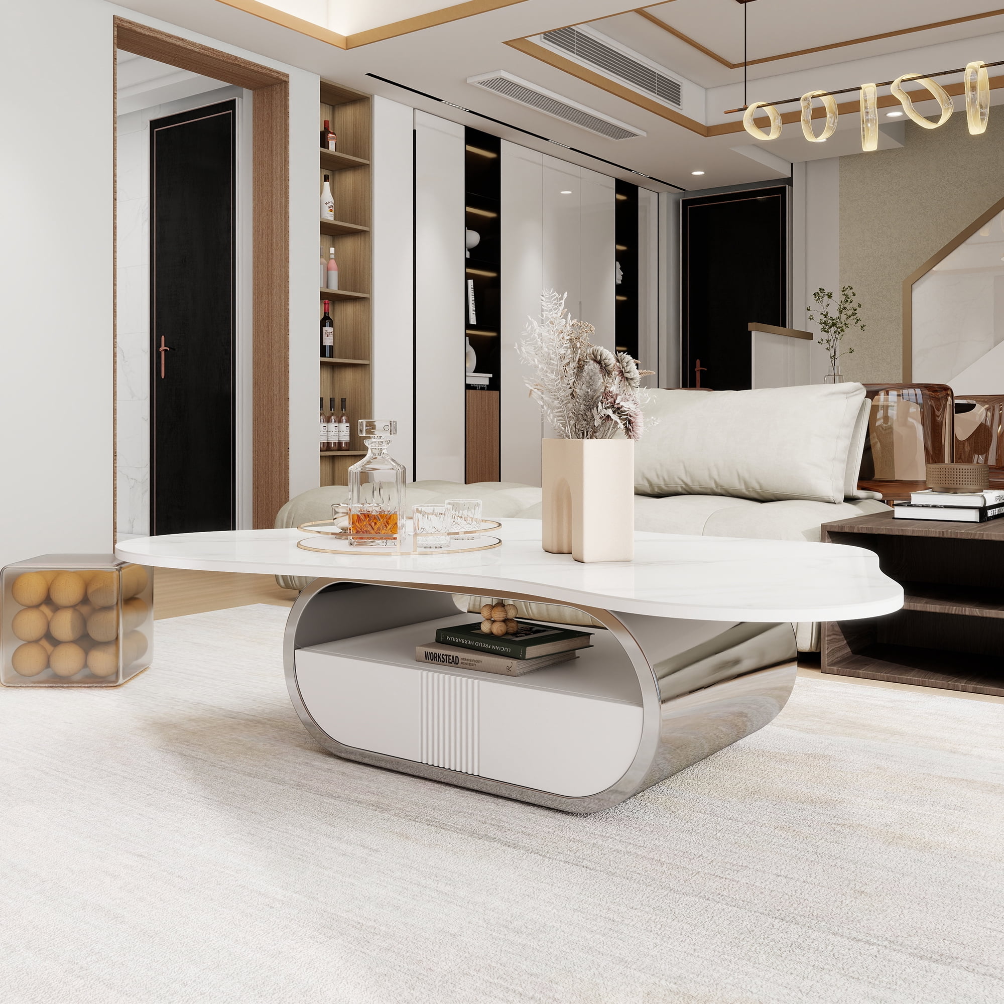 HIUU Cloud Coffee Table with Sintered Stone Top,White Marble Coffee Table with Storage Shelf & Drawer, Stainless Steel Base(Grey+White)