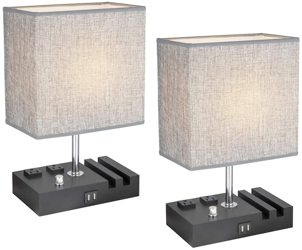 Modern Bedside Lamp with 2 USB Charging Port, Table Lamp with 2 AC