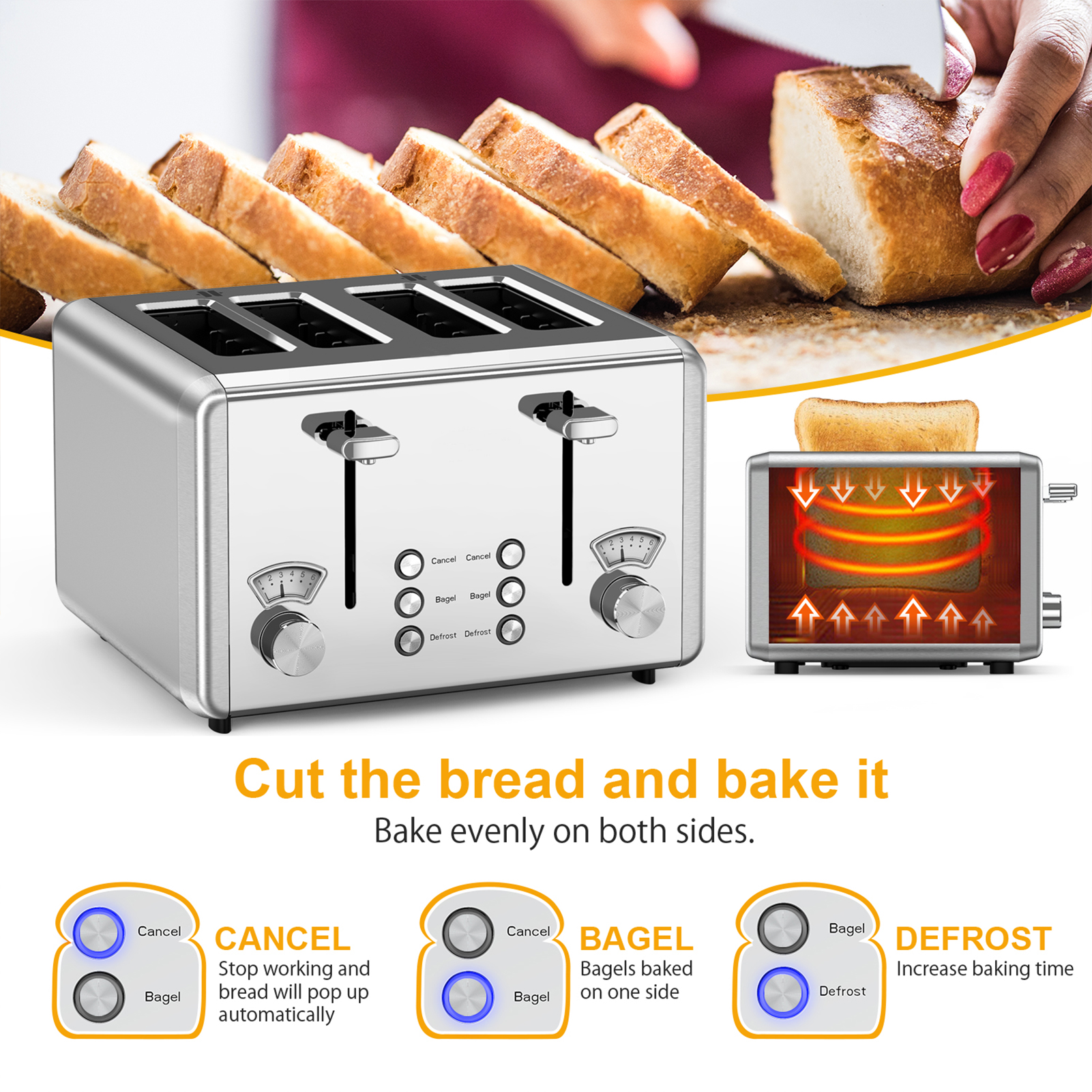 WHALL 4-Slice Toaster, Stainless Steel with Dual Controls photo 6