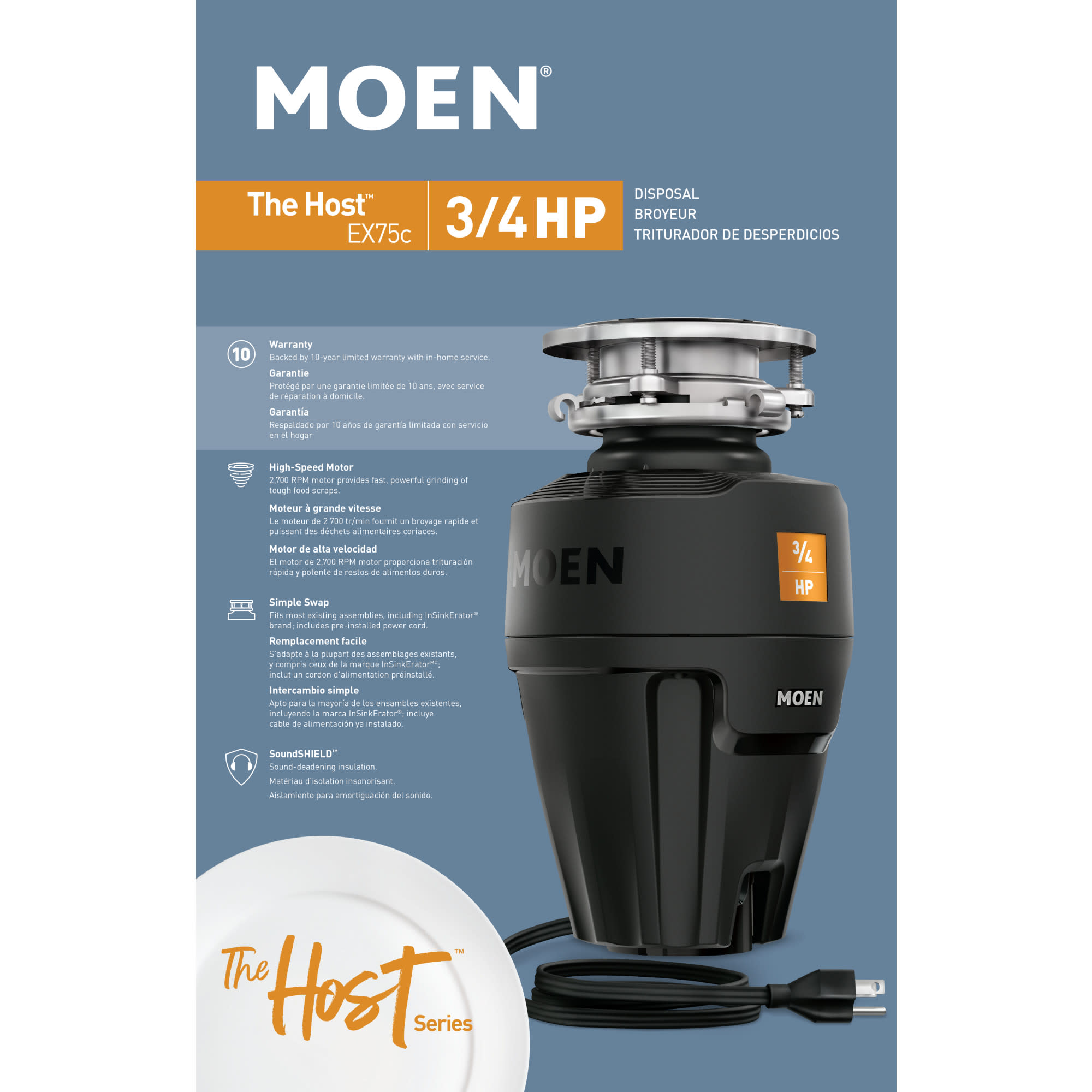 Moen Ex75c Host Series 3/4 Horsepower Improved Installation Garbage Disposal 