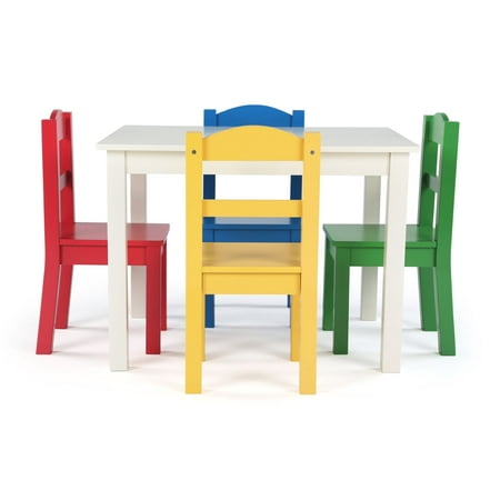 Summit Collection Kids Wood Table and 4 Chairs Set, White & Primary