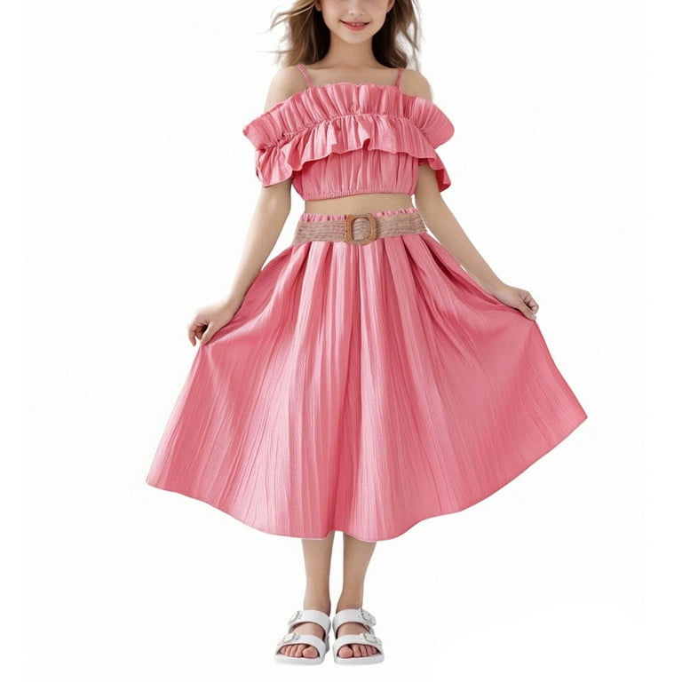 fanshangmao 2 Piece Set Summer Linen Girls'Chiffon Dress Summer One Shoulder Camisole Half Skirt Two-piece Set Baby Girl Pants, Infant Unisex, Size:
