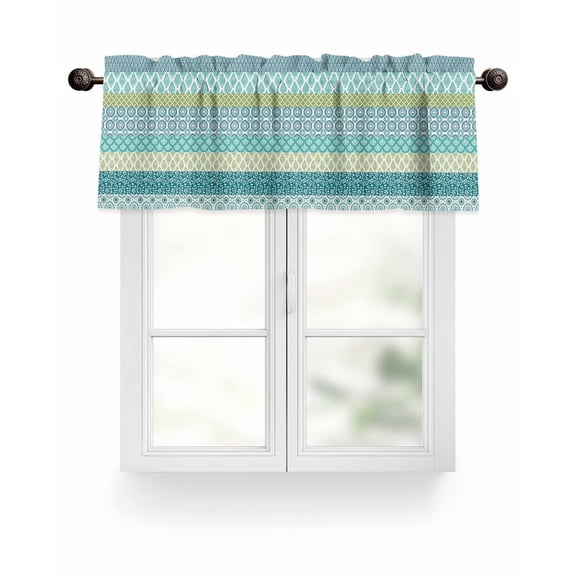 Teal Blue Boho Kitchen Valances for Windows Bohemian Geometric Pattern Valance Curtains for Kitchen /Living Room/Bedroom/ Bathroom Decor, 54"x18 " ,Rod Pocket 1 Panel,