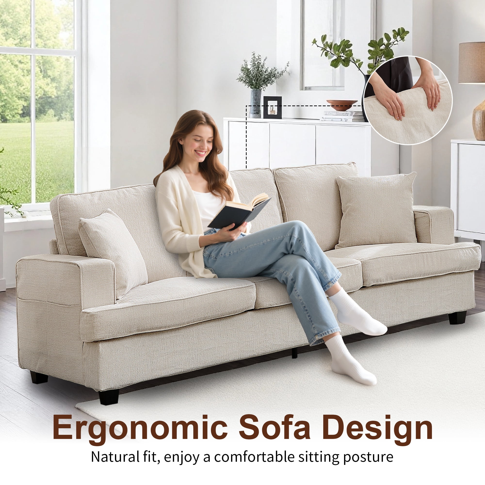 Korser 89" Chenille Sofa 3 Seater Couch with Extra Upholstered Deep Seats for Living Room,Removable Cover,Assembly Required,Beige