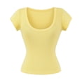 thumbnail image 5 of KHONTS Women's Short Sleeve T-Shirts Low Scoop Neck Slim Fitted Ribbed Knit Casual Crop Tops Yellow S, 5 of 5