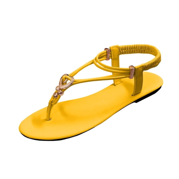 KEGIRLOM Women's Versatile Buckle Strap Beaded Flops Plus Size Shoes Spring/Summer Style Trendy Comfortable Flat Decorative Outdoor Beach Sandals Yellow 8.5