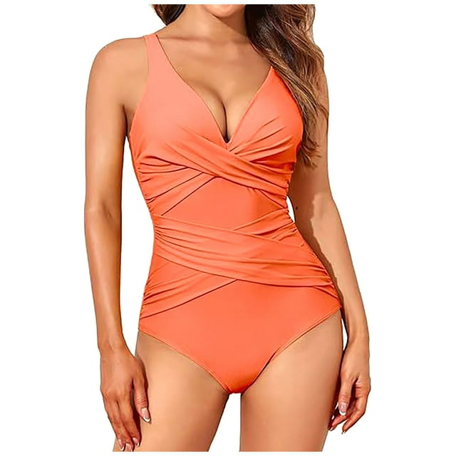 Women's V Neck One Piece Swimsuit Tummy Control Bathing Suit Modest Slimming Swim Suits Ruched Twist Front Swimwear