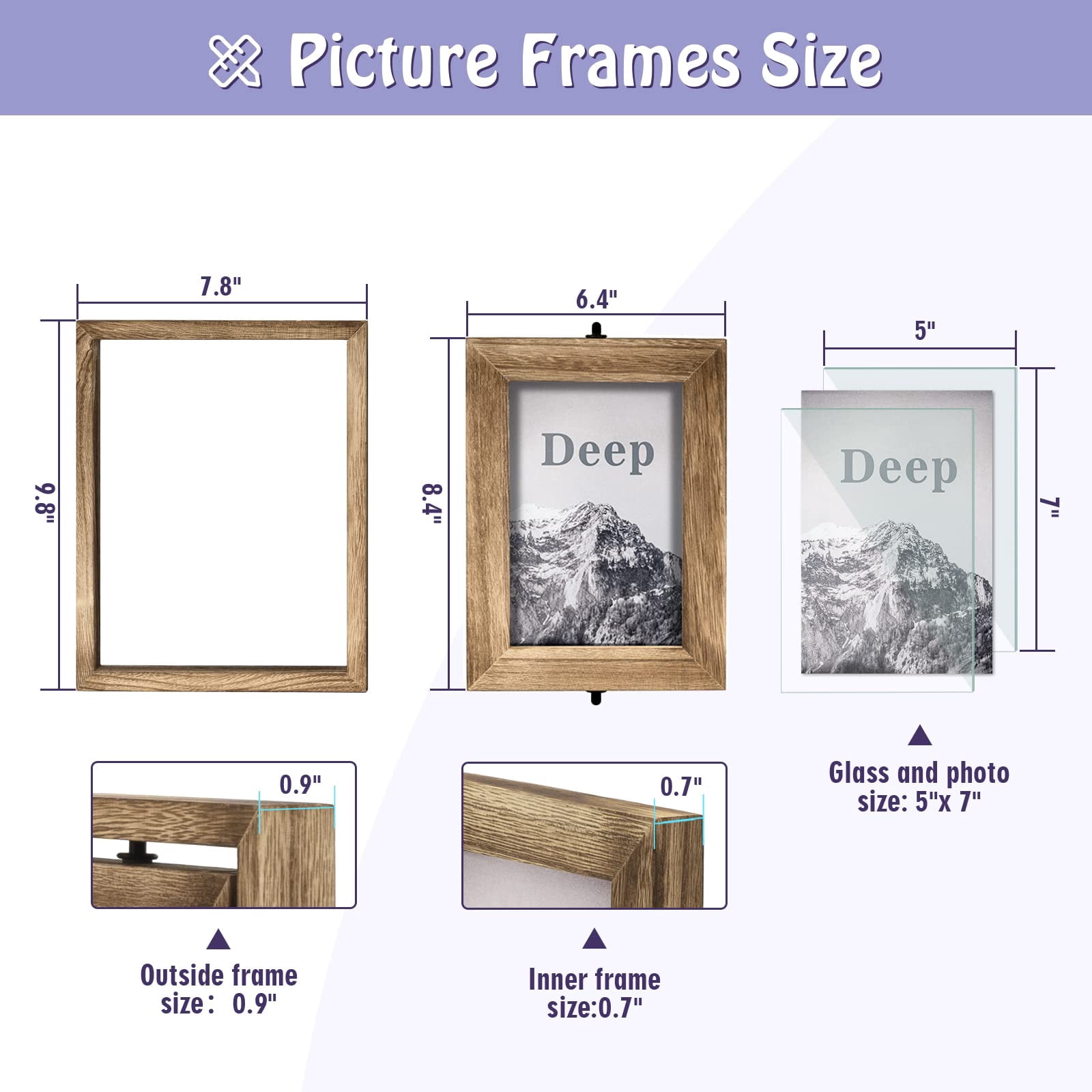5x7 Picture Frame, Tabletop Wood Double Sided Display Folding Photo Frame, Rotatable High Definition Glass Collage Picture Frames, Rustic Brown