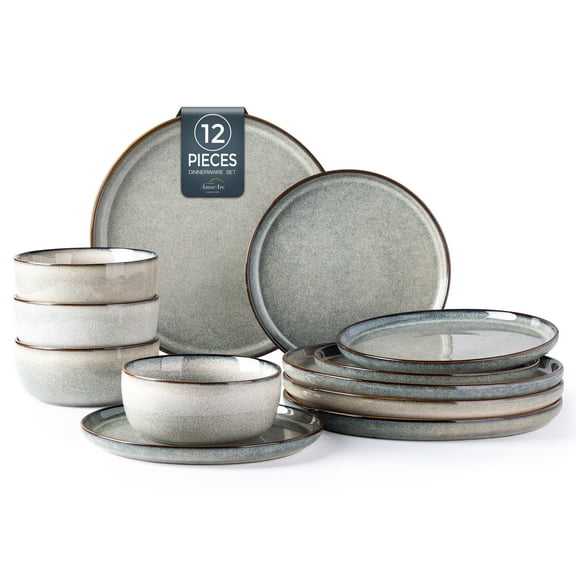 AmorArc Ceramic Dinnerware Sets for 4, 12 Pieces Stoneware Plates and Bowls Sets, Reactive Glaze Dishes -Scratch Resistant, Dishwasher&Microwave Safe, Green Wheat (Service for 4)