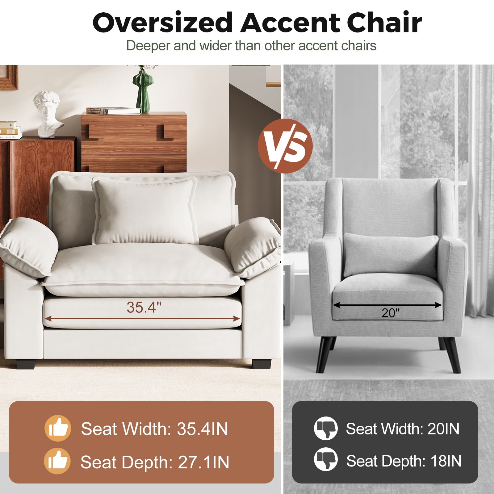 JULY'S SONG Oversized Accent Chair with Arms, Chenille Comfy Cloud Sofa Chairs in Living Room, Cozy Chair and a Half with Deep Seat, Modern Reading Chair for Bedroom, Beige