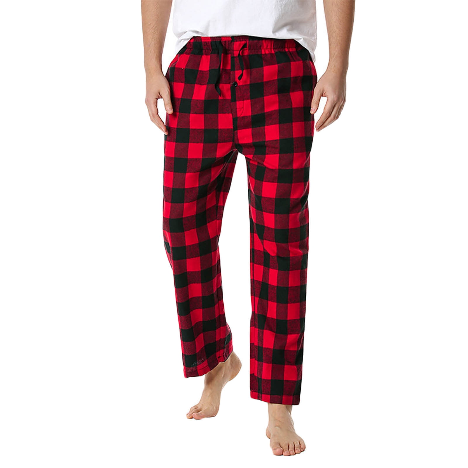 Men s Cotton Linen Lounge Pants Plaid Elastic Waist Wide Leg Trousers Casual Loose Comfy Pajama Pants Sleepwear