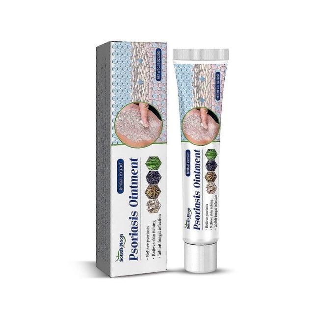 crema antipicazón para piel seca y con picazón, tratamiento para sarpullido y picores, crema tópica - 5748866794569 tubo y caja frontales, 20 g, envase blanco con texto visible en inglés 'Psoriasis Ointment', gráfico circular de piel con descamación, para uso tópico para aliviar picor; apta para botiquín.