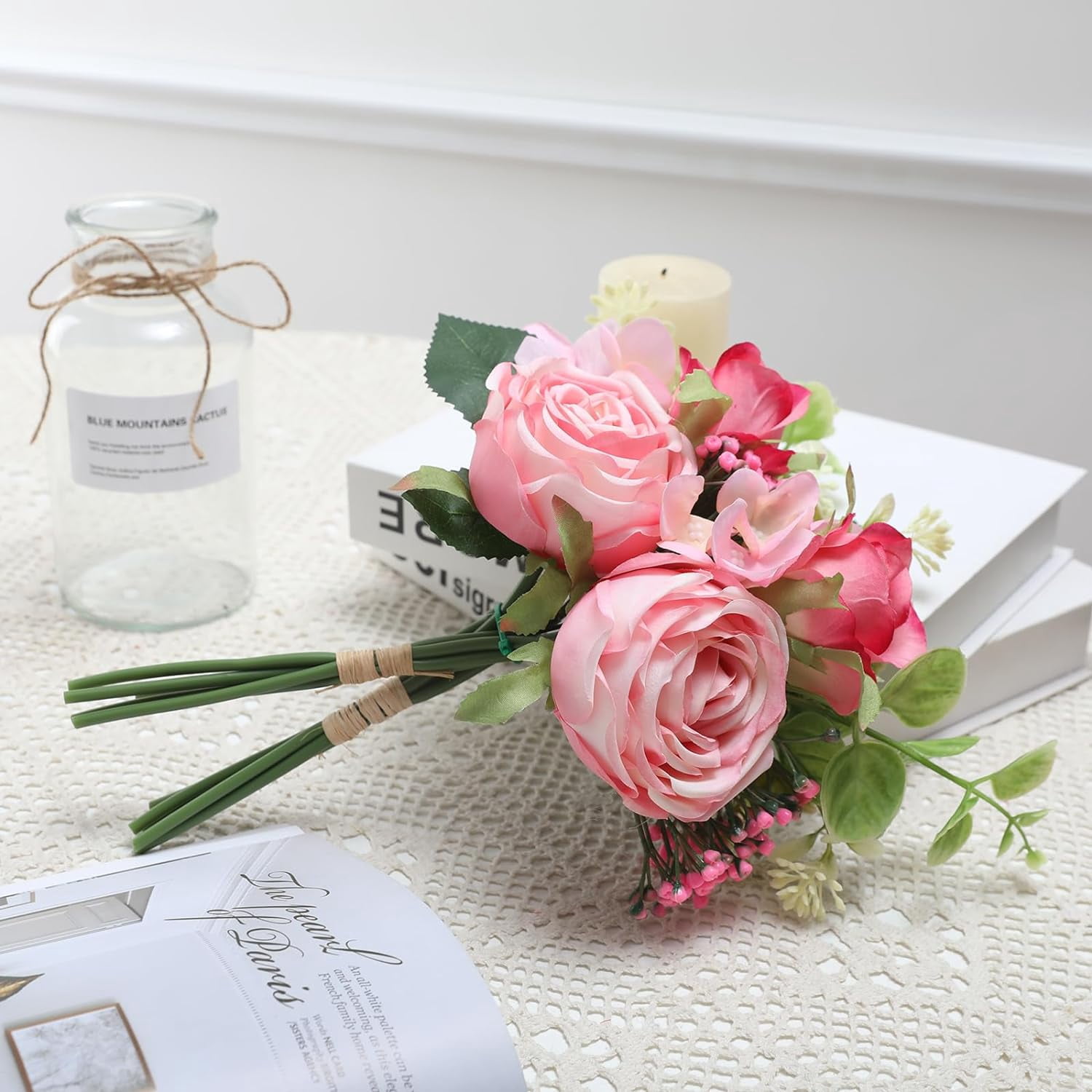 Roses Artificial Flowers in Vase,Realistic Floral Fake Roses Bouquet Silk Flower Arrangement with Vase Faux Roses with Stems for Table Centerpieces Home Office Kitchen Decor (Green)