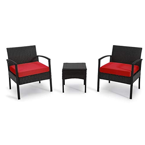 PROHIKER 3 PCS Patio Rattan Conversation Chair Set, 3 PCS Patio Wicker Rattan Furniture Set, Patio Wicker Rattan Table